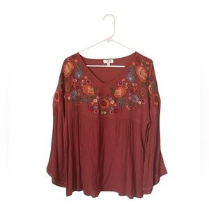 Umgee Burnt Orange Floral Embroidered Boho Top Sz Small